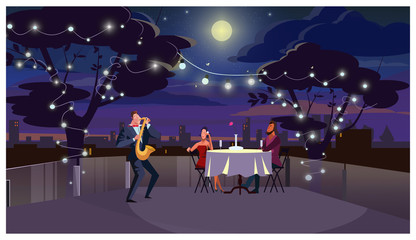 Fototapeta na wymiar Couple at romantic dinner illustration. Lovers sitting at table and listening to saxophone player. Romantic date on roof concept