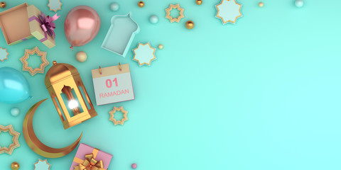 Arabic star ornament, lantern, crescent, balloon, gift box on blue pastel background. Design concept of islamic celebration day ramadan kareem or eid ul fitr adha, copy space, 3D illustration.