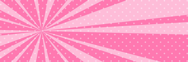 Cartoon retro pop art banner with sunbeam, dots on a pink banner and the sun's rays , vector illustration