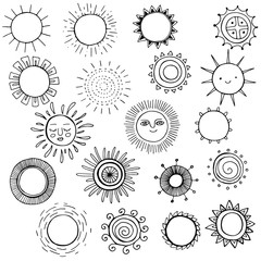 doodle set isolated on white. Stylized sun