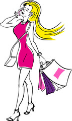 Girl with shopping bags talking the mobile phone sketch