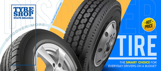 Wheel truck and car. Flyer. Advertise wheels for summer and winter. Promotion. Discount. Outdoor advertising vehicle wheels. Advertising for magazine, newspaper. Promotion for the sale of wheels with 