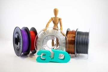 3D printing filament reels with wooden anthropomorphic doll with text 