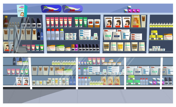 Display With Hair Products Illustration. Aisle, Store, Shelf, Shampoo. Retail Concept. Can Be Used For Topics Like Pharmacy, Supermarket, Beauty Care