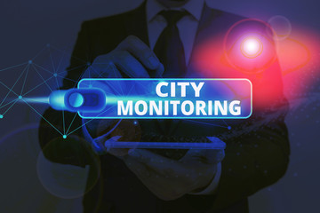 Text sign showing City Monitoring. Business photo showcasing indicator level analysis pilot project on urban food systems - obrazy, fototapety, plakaty