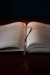 Diario en oficina de casa pasando paginas con la mano indicando los meses actuales en mesa de madera y pared azul 