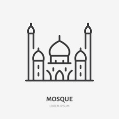Mosque line icon, vector pictogram of muslim minaret building. Religious house illustration, sign for islamic logo