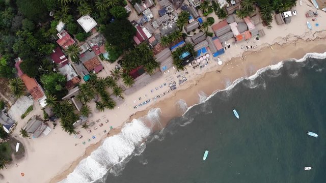 Drone shot looking down at the beach in Yelapa, Mexico.