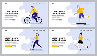 Obraz na płótnie Canvas Outdoor activities set. Young people riding bike, scooter, skateboarding, jumping rope. Flat vector illustrations. Active lifestyle, leisure concept for banner, website design or landing web page