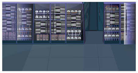 Data processing center. Server room, database, computer, nas. Information technology concept. Realistic illustration for topics like storage, IT infrastructure, datacenter, telecommunication.