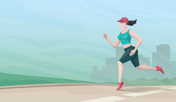 A woman runs along the road on the cityscape background. Girl jogging during outdoor workout. Healthy lifestyle. Design for sports banners, icons, backgrounds and posters. Space for text.