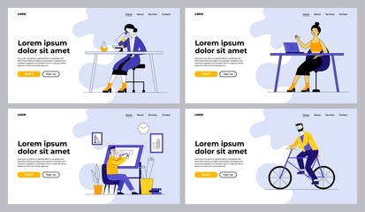 Work and activity set. Man riding bike, chemist, blogger, architect at their workplaces. Flat vector illustrations. Occupation, hobby, profession concept for banner, website design or landing web page