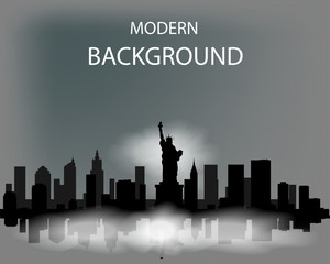 Modern vector landscape of foggy New York. Dark silhouette of buildings in a foggy haze.