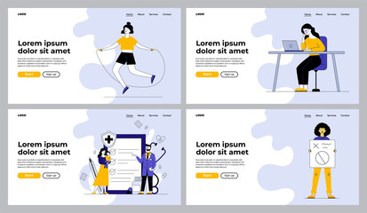 Obraz na płótnie Canvas Women in different action set. Exercising, working at workplace, visiting doctor, protesting. Flat vector illustrations. Work, activity, service concept for banner, website design or landing web page