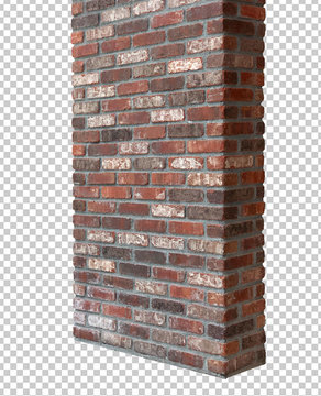 Isolated rustic brick column or pillar wall on isolated background with clipping path