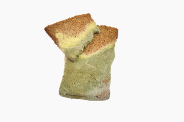 Mold growing rapidly on moldy bread on white background