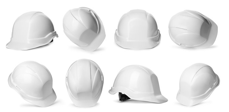 Set with construction safety hardhat on white background. Banner design