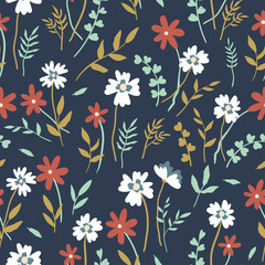 Obraz premium Cute hand drawn floral seamless pattern, lovely flower meadow background, great for spring or summer textiles, banners, wallpaper, wrapping - vector design