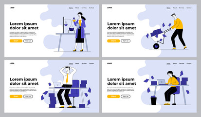 Obraz na płótnie Canvas Paperwork and research set. Scientist conducting experiment, employees with heaps of papers. Flat vector illustrations. Overwork, science concept for banner, website design or landing web page