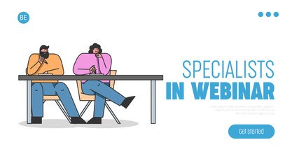 Concept Of Webinar. Website Landing Page. Man And Woman Students Are Taking An Online Joint Remote Course Or Video Business Conference. Web Page Cartoon Linear Outline Flat Style. Vector Illustration