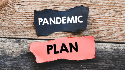 PANDEMIC PLAN words written on small pieces of paper and a wooden table.