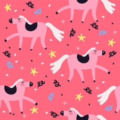 Vector seamless pattern of a cartoon horse. Kids background for textile, wrapping paper. Pink illustration. - 339136552