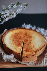 Tasty homemade cheesecake on wooden board and black table with blooming branch.