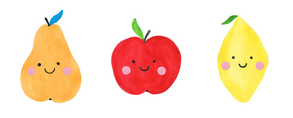 Watercolor cute fruit characters. Smiling  pear, apple and lemon on white background