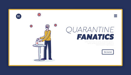 Quarantine Coronavirus Epidemic Concept. Website Landing Page. Man Disinfects His Hands By Antibacterial Gel To Prevent Infection Spreading. Web Page Cartoon Linear Outline Flat Vector Illustration