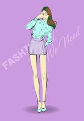 Beautiful young woman in modern style. Hand drawn stylish woman portrait. Fashion lady. Festive outfit. Sketch. Fashion model posing in dress. Hand drawn fashion woman.