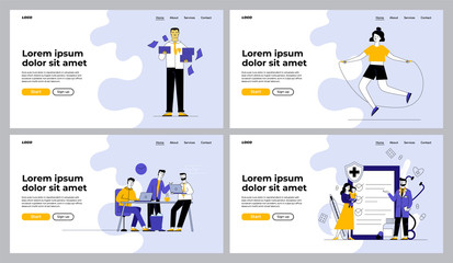 Obraz na płótnie Canvas Business, sport, healthcare activities set. Manager with papers, exercising woman, brainstorm, doctor. Flat vector illustrations. Job, lifestyle concept for banner, website design or landing web page