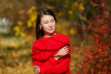 Autumn portrait of a young brunette girl woman in a red sweater