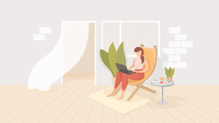 Young girl is sitting on an outdoor terrace with a notebook in a sun lounger. Remote work in the fresh air and freelance concept. Character design. Colorful vector illustration. 