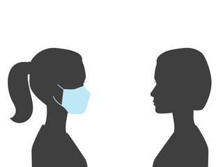 Vector silhouettes of 2 women. The first woman wearing medical mask and another woman is not wearing a mask. Conceptual illustration for posters and health promotional materials.