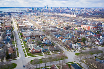 Aerial view of Milwaukee Wisconsin featuring downtown skyline and Lake Michigan