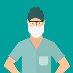 Young white male doctor. A guy in a medical mask. A doctor treats people for coronavirus. Vector illustration on green background