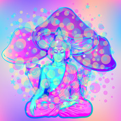 Colorful Buddha in rainbow glasses listening to music in headphones. Vector illustration. Hippie peace sign on sunglasses. Psychedelic mushrooms. Buddhism, trance music. Esoteric art