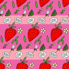 Red and white strawberries on striped pink background with text 