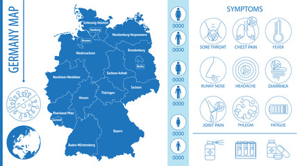 Germany map with pictograms and icons of Covid-19 simpoms and other respiratory diseases, vector illustration for infographic and posters
