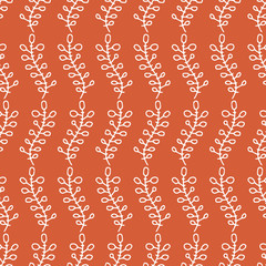 Abstract white decorative branch with leaves ornament on orange background. Botanical doodle illustration. Vector seamless pattern. Simple vector design for fabric, textile, wrap, scrapbooking.