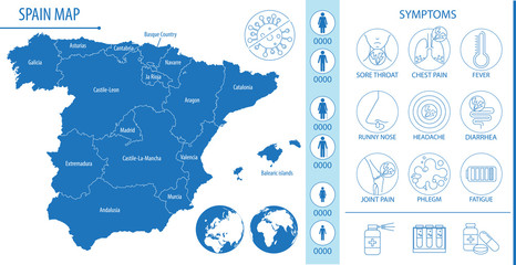 Map of Spain with pictograms and icons of symptoms, Covid-19 and other respiratory diseases, vector illustration for infographics and posters