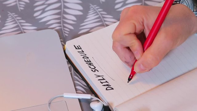 Home office, COVID 19. Hand makes diary note with black ink red pen. Time management just got easier with schedule template. Uses organize work, play, chores, activities each day week.
