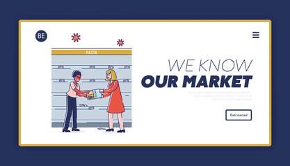 Concept Of Coronavirus Panic Shopping. Website Panding Page. Angry Women Are Fighting Because Of Food Supply Deficit In The Supermarket. Web Page Cartoon Linear Outline Flat Style Vector Illustration