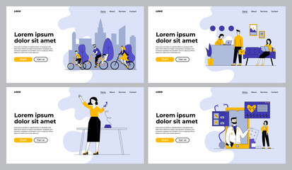 Obraz na płótnie Canvas People riding bikes, checking into hotel set. Online medical consultation, office worker. Flat vector illustrations. Communication, lifestyle concept for banner, website design or landing web page