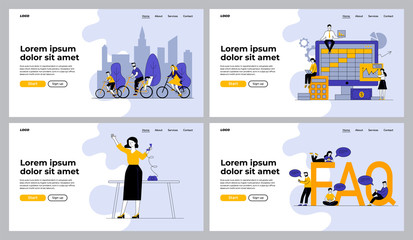 Leisure, business, online activities set. People riding bikes, presenting reports, using phones. Flat vector illustrations. Communication concept for banner, website design or landing web page