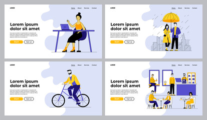 Obraz na płótnie Canvas Leisure and activities set. People walking outdoors, riding bike, visiting cafe. Flat vector illustrations. Lifestyle, communication concept for banner, website design or landing web page