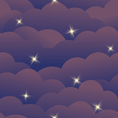 Blue night sky with stars. Cartoon cloudy. Landscape with clouds. Seamless pattern. Vector illustration.