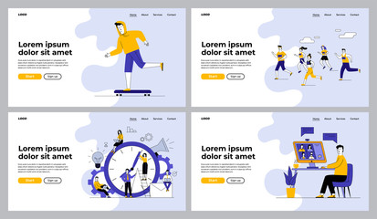 Obraz na płótnie Canvas Office and outdoor activities set. Group of runners, skateboarder, teamwork, time management. Flat vector illustrations. Communication, leisure concept for banner, website design or landing web page
