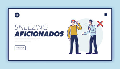 Website Landing Page. Infographic With Male Sneezing Character Not Covering His Mouth According Rules. Man Putting in Danger Another Person. Web Page Cartoon Linear Outline Flat Vector Illustration