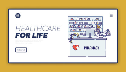 Concept Of Coronavirus. Website Landing Page. Woman Pharmacist Sale Drugs In Protective Mask In Pharmacy For Prevention of Viral Infection. Web Page Cartoon Linear Outline Flat Vector Illustration